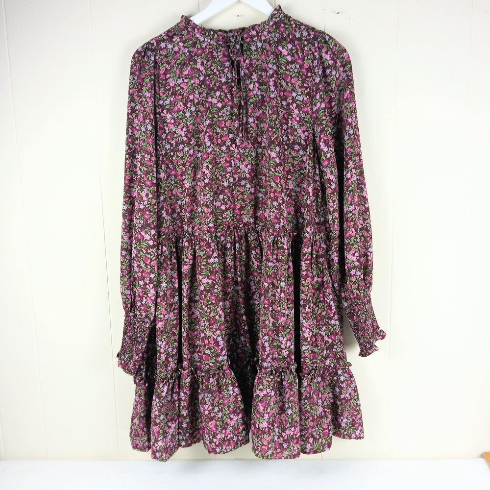 Hailey & Co Floral Tiered Dress Size L Smocked Cuffs Peasant Cottagecore Boho